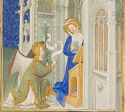 Enluminure. L'ange est à genoux devant Marie, située sur le seuil d'un bâtiment de style gothique.
