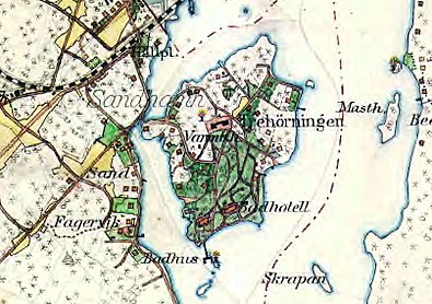 Karta över hemmanet Sandhamn med Trehörningen 1873 och på Häradsekonomiska kartan från 1900-talets början.