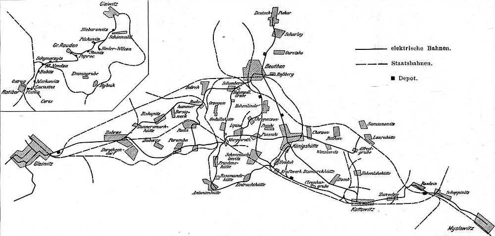 Mapa linii tramwajów elektrycznych spółki Schlesiche Kleinbahn AG (linia ciągła) i kolei państwowej (linie przerywane), w rogu mapka kolei parowej na linii Gliwice–Rudy–Racibórz. Zajezdnie oznaczono czarnym kwadratem. Stan na około 1907 rok