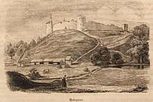 Illustration au crayon gris de la forteresse d'Izborsk sur un promontoire rocheux dominant un village agricole avec une paysanne au premier plan en petit.