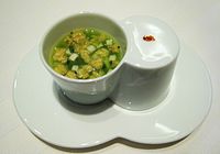 Celery soup with sauteed corn and jicama.