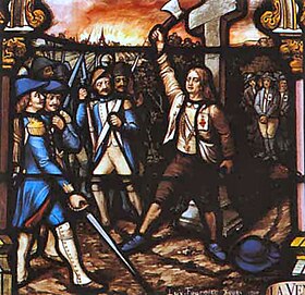 André Ripoche, tué en défendant un calvaire lors de l'incendie du Landreau, vitrail de l'église de Sainte-Gemme-la-Plaine par Fournier.