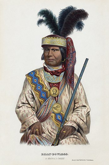 Billy Bowlegs (Holatta Micco, "Alligator Chief"; c. 1810 – 1864) was an important leader of the Seminoles in Florida during the Second Seminole War and was the remaining Seminole's most prominent chief during the Third Seminole War, when he led the Seminoles' last major resistance against the United States government. With the possibilities of military victory dwindling and facing starvation, he finally agreed to relocate with his people to Indian Territory (present-day Oklahoma) in 1858 (Nominator: Adam Cuerden).