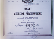 Copie noir et blanc du brevet de médecine aéronautique d'Albert Chemin, 1947.