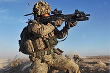 Soldier of 4th Mechanised Brigade in Afghanistan, 2013. British Army Soldier in Afghanistan Engaging the Enemy MOD 45154935.jpg