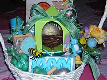 Marshmallow rabbits, candy eggs and other treats in an Easter basket Candy eggs in an Easter basket.JPG