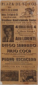 Cartel de Higuera de la Sierra. (1954). En el que toreó una novillada sin caballos Pedro Escacena.