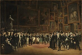 Charles X Distributing Awards to Artists for the Paris Salon of 1824. An 1827 painting by Francois Joseph Heim, now in the Louvre. Charles X distribuant des recompenses aux artistes exposants du salon de 1824 au Louvre, le 15 Janvier 1825 (by Francois Joseph Heim).jpg