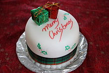 A Christmas cake with a "Merry Christmas" greeting Christmas cake, Boxing Day 2008.jpg