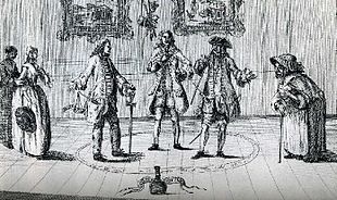 Au centre deux hommes débattent, un troisième essaie de les départager sous le regard de trois femmes.