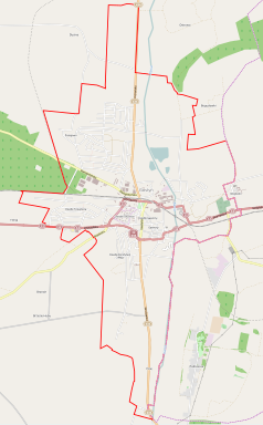 Mapa konturowa Gostynia, blisko centrum na dole znajduje się punkt z opisem „Kościół Ducha Świętego i Najświętszego Serca Pana Jezusa w Gostyniu”