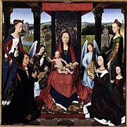 The central panel of the Donne Triptych (c. 1480) shows many of the same motifs found in the altarpiece