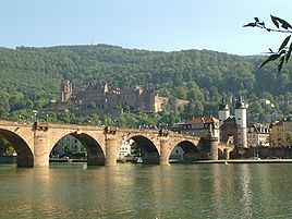 Heidelberg Castle on hill behind "Old Bridge"