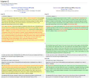 Editors keep track of changes to articles by checking the difference between two revisions of a page - known as "diffs"; changes between two versions are shown in red.