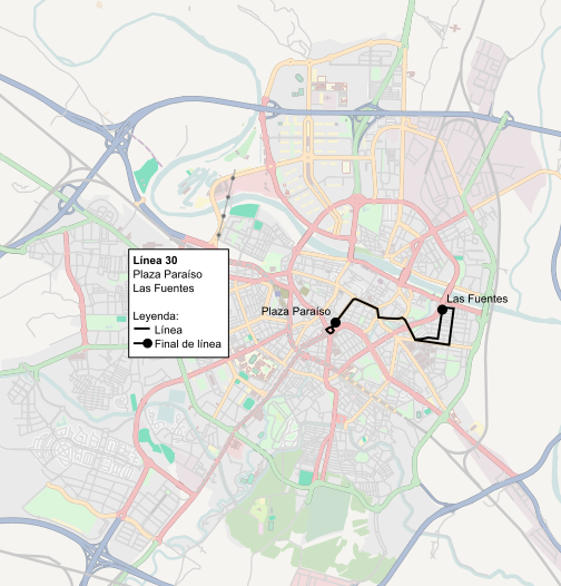 Recorrido de la línea 30 de TUZSA en la ciudad de Zaragoza.