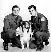 Jack De Mave (left) and Jed Allan (right) starred as Rangers Bob Erickson and Scott Turner, respectively, during the later Forest Service years of the series from 1968-1970 Lassie 1969.JPG