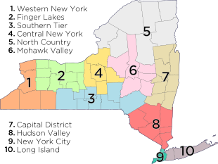 Regions of New York as defined by the New York State Department of Economic Development.
1. Western New York - counties: Niagara, Erie, Chautauqua, Cattaraugus, Allegany
2. Finger Lakes - counties: Orleans, Genesee, Wyoming, Monroe, Livingston, Wayne, Ontario, Yates, Seneca
3. Southern Tier - counties: Steuben, Schuyler, Chemung, Tompkins, Tioga, Chenango, Broome, Delaware
4. Central New York - counties: Cortland, Cayuga, Onondaga, Oswego, Madison
5. North Country - counties : St. Lawrence, Lewis, Jefferson, Hamilton, Essex, Clinton, Franklin
6. Mohawk Valley - counties: Oneida, Herkimer, Fulton, Montgomery, Otsego, Schoharie
7. Capital District - counties : Albany, Columbia, Greene, Warren, Washington, Saratoga, Schenectady, Rensselaer
8. Hudson Valley - counties: Sullivan, Ulster, Dutchess, Orange, Putnam, Rockland, Westchester
9. New York City - counties (boroughs): New York (Manhattan), Bronx (The Bronx), Queens (Queens), Kings (Brooklyn), Richmond (Staten Island)
10. Long Island - counties: Nassau, Suffolk Map of New York Economic Regions.svg