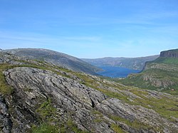 Melfjorden set fra Melfjellet, i nærheden af grænsen mellem kommunerne Rana og Rødøy