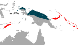 Área de distribución de Phalanger orientalis. En azul escuro: nativo, en vermello: introducido, en gris escuro: orixe incerta.