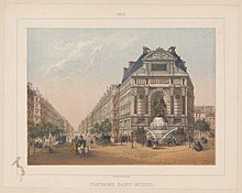 Colour illustration of the Place Saint-Michel in Paris in the 1870s. On the left, the Rue Saint-Michel stretches in a straight line into the distance, and on the right, the Saint-Michel fountain in front of a building, where two streets meet. The streets are populated by many people, mainly women in imposing coloured dresses, and a few horse-drawn carriages, also coloured.