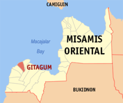 Mapa ng Misamis Oriental na nagpapakita sa lokasyon ng Gitagum.