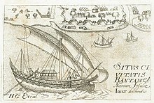 Illustration of a djong, large Javanese trading vessel, extant until 17th century AD. Shown with the characteristic tanja sail of Southeast Asian Austronesians. Vessels like these became the basis of Southern Chinese junks. Situs civitatis Bantam et Navium Insulae Iauae delineatio.jpg