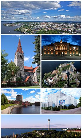Clockwise from top-left: the cityscape (viewed from Näsinneula), the Tampere City Hall, Särkänniemi (from Näsinneula), the Tampere Hall, the skyline with Näsinneula, Tammerkoski from the bridge Hämeensilta, and the Tampere Cathedral.