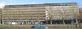 A modernist hotel and car park built dockside in 1966, while the docks were still in active use; now The Bristol Hotel. The Bristol Hotel, from west.jpg