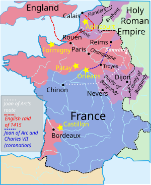 France at the Treaty of Troyes in 1420: English territory in red, Burgundian territory in purple, both recognising the treaty; Armagnac territory, not recognising the treaty, in blue Treaty of Troyes.svg