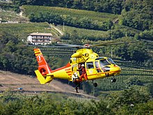 Italian AS365 Dauphin rescue helicopter Trento-I-PATE air ambulance on simulated mission.jpg