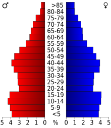 Schéma représentant la population du comté, par tranche d'âge. En rouge, à gauche, les femmes, en bleu à droite, les hommes.