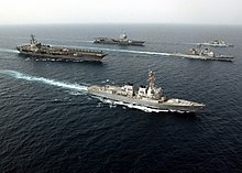 French aircraft carrier Charles de Gaulle (rear), and US Navy carrier USS Ronald Reagan conducting joint operations in the Persian Gulf; both with the CATOBAR configuration. US Navy 060427-N-5961C-009 USS Ronald Reagan (CVN 76),FS Charles De Gaulle (R-92),FS Cassard (D-614), guided missile cruiser USS Vicksburg (CG 69), USS McCampbell (DDG 85) conduct joint operations in the Persian Gulf.jpg