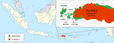 Mapka Indonésie se zeleně vyznačenými oblastmi výskytu varana komodského