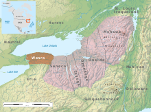 Color map of New York with Wenro territory highlighted from the mouth of Buffalo Creek east to the Genesee River