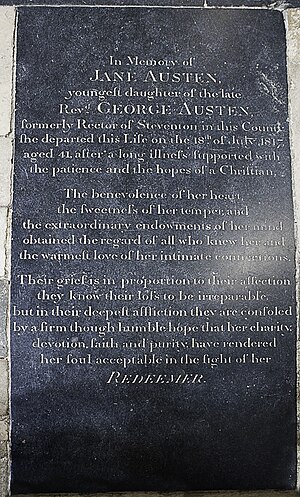 English: Jane Austen's memorial gravestone in ...