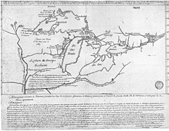 1675 French map, published shortly before the voyage of Le Griffon. Lake Michigan is named Lake Illinois (the name change is first recorded in 1681 ), and Lake Ontario is named Lake Frontenac, after the then-governor of New France. 1675ayer48Bernou.jpg