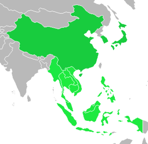 world map, ASEAN Plus Three states marked gree...