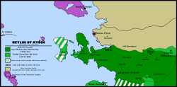 Ajdinski emirat na vrhu svoje moči (1315-1375):   Meje pod Gazi Mehmed Begom   Meje po osvajanjih pod Umur Begom Levom   Ozemlja Bizantinskega cesarstva   Drugi zahodnoanatolski emirati Črni "X" Umur Begovi zavezniki Rdeči "X" Umur Begovi pohodi