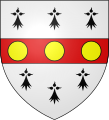 Blason d'Ives de Pontsal : d'argent à la fasce de gueules chargée de trois besants d'or et accompagnée de six mouchetures d'hermines de sable.