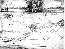 Kaart met de Bellingwolderschans, Booneschans en Langeakkerschans (Nieuweschans) uit 1635