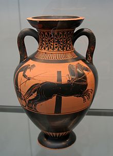 Biga chariot rounding a terma: Attic black-figure amphora, circa 500 BC, found at Vulci Chariot terma Staatliche Antikensammlungen 1452.jpg