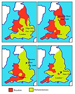 Maps of territory held by Royalists (red) and Parliamentarians (green), 1642-1645 English civil war map 1642 to 1645.JPG