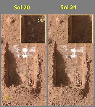 Color versions of the photos showing ice sublimation, with the lower left corner of the trench enlarged in the insets in the upper right of the images