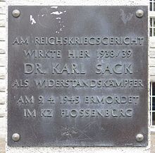 Gedenktafel für Karl Sack am ehemaligen Reichskriegsgericht
