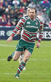 Geordan Murphy, pictured in 2012, played 322 games for Leicester between 1997 and 2013. He is the most decorated player in the club's history with 8 Premiership titles, 2 European titles and 2 Anglo-Welsh cups. Geordan Murphy.jpg