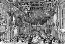 This 1863 gathering at Guildhall was attended by Queen Victoria. The roof shown here has been replaced, but the hammerbeam design was not retained. Guildhall Queen Victoria ILN 1863.jpg