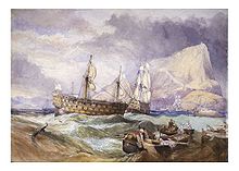 Aquarelle présentant le Neptune remorquant le Victory à Gibraltar.