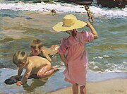 Painting from 1903 showing boys naked, with a girl fully dressed at the seashore