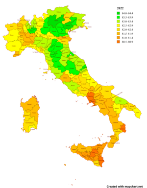 Italian provinces by life expectancy in 2022 Life expectancy map of Italy 2022 -provinces, names.png