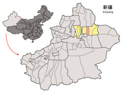 Location of Jimsar County (pink) in Changji Prefecture (yellow) and Xinjiang (grey)